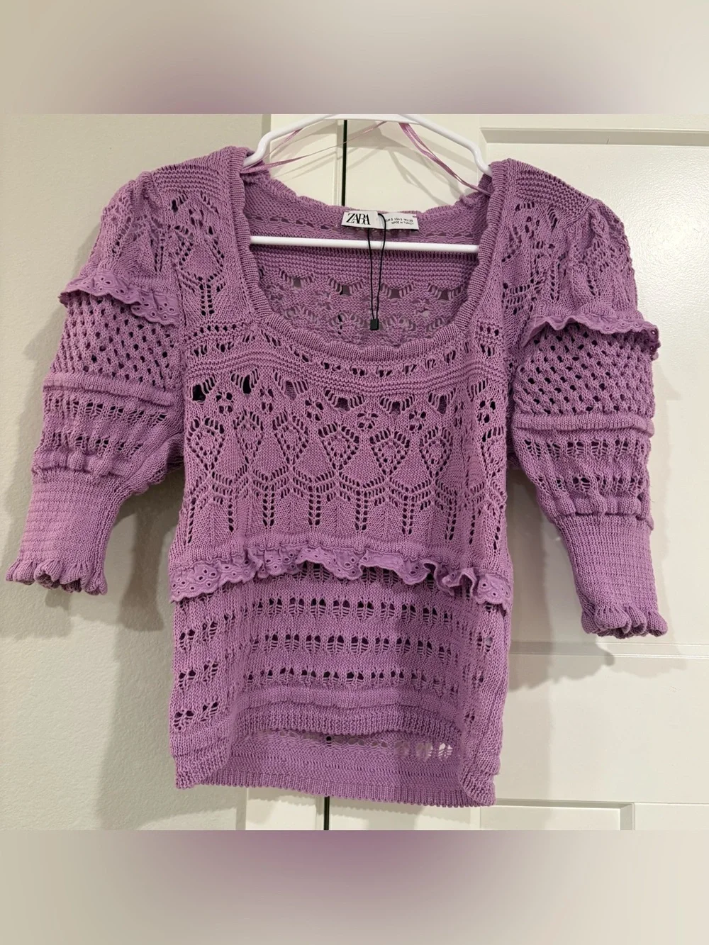 Zara Pointelle Knit Crochet Sweater Top Puff Ruffle Sleeve Lavender S Coquette